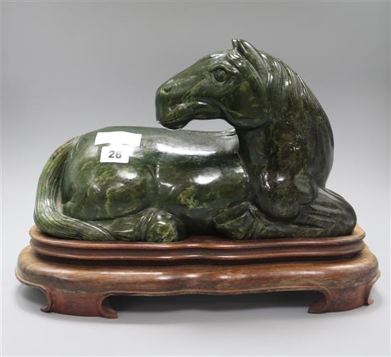 A large Chinese spinach green jade horse, on stand overall height 29.5cm